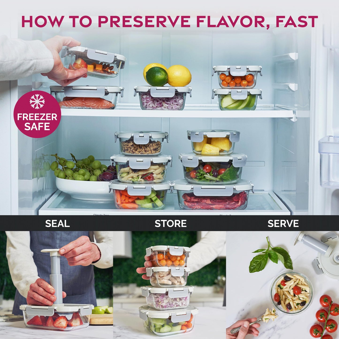 FineDine Vacuum Seal Glass Food Storage Containers With Hand Pump, 25 Piece Set, Airtight Pantry Kitchen Storage Containers w/Lids, Meal Prep…