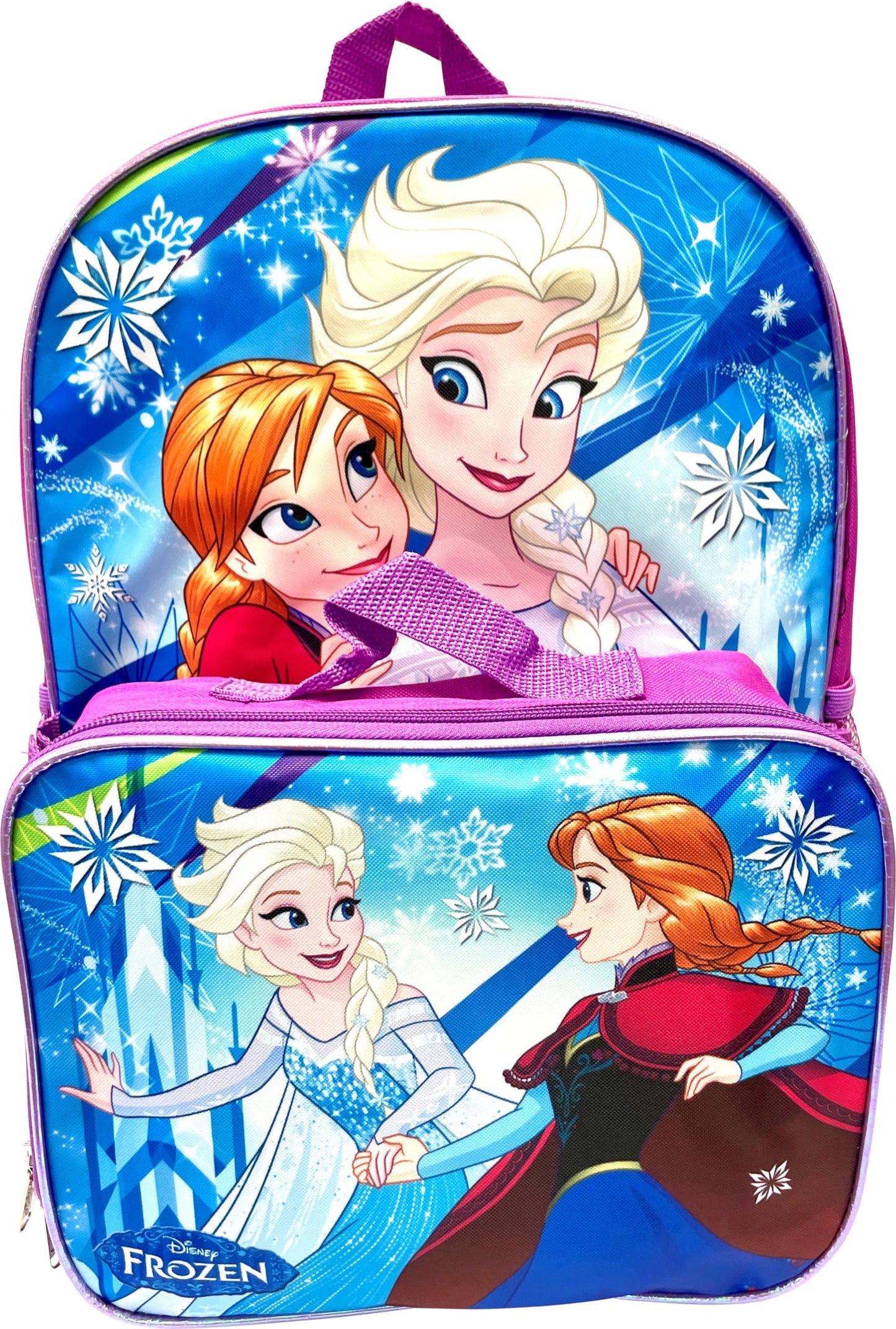 Group Ruz Frozen Anna, Elsa 16 Backpack with Detachable Matching Lunch Box (Purple-Blue), Large