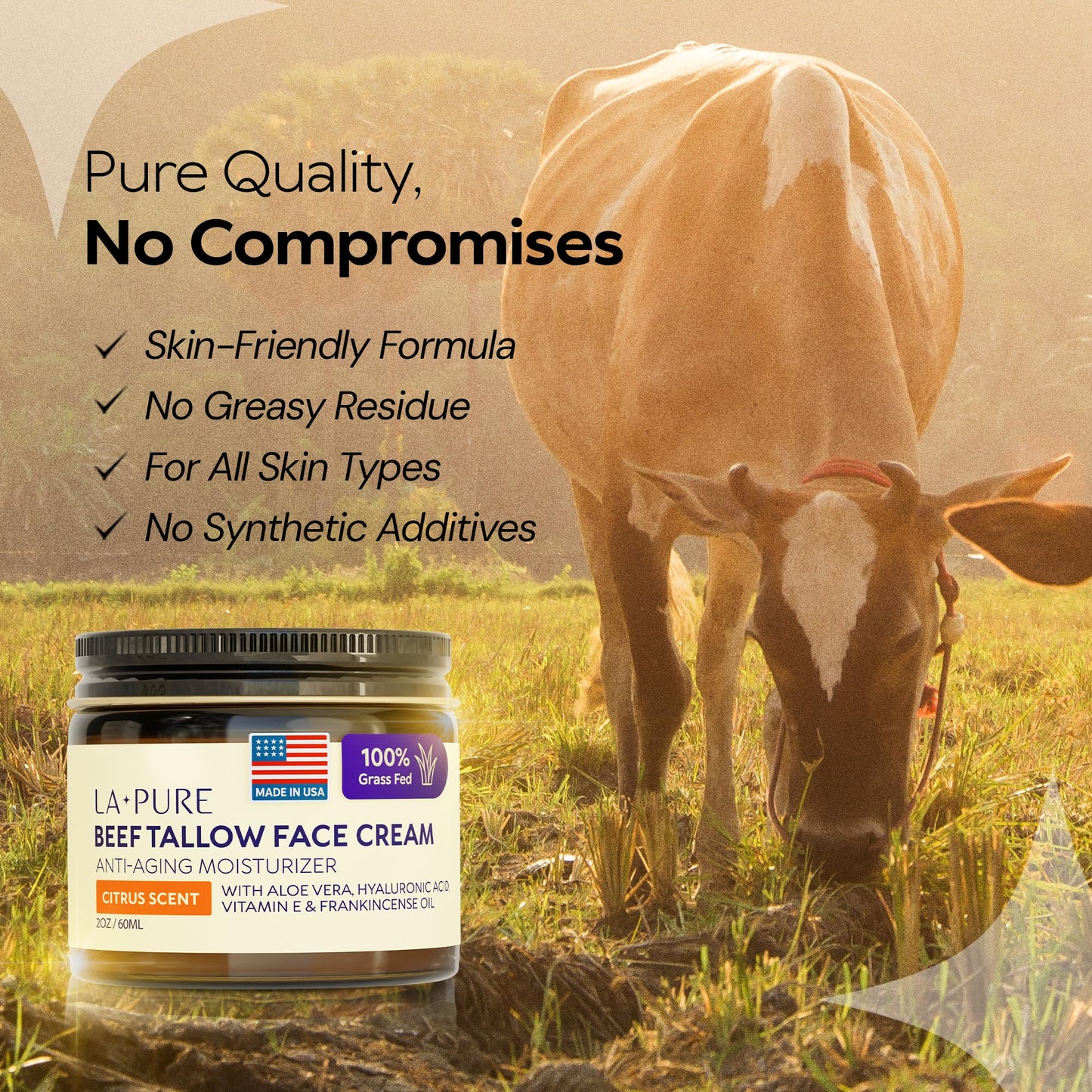LA PURE Beef Tallow for Skin, Grass-Fed Tallow Face Cream with Aloe Vera, Hyaluronic Acid, Frankincense & Vitamin E to Hydrate, Firm, and Smooth Skin