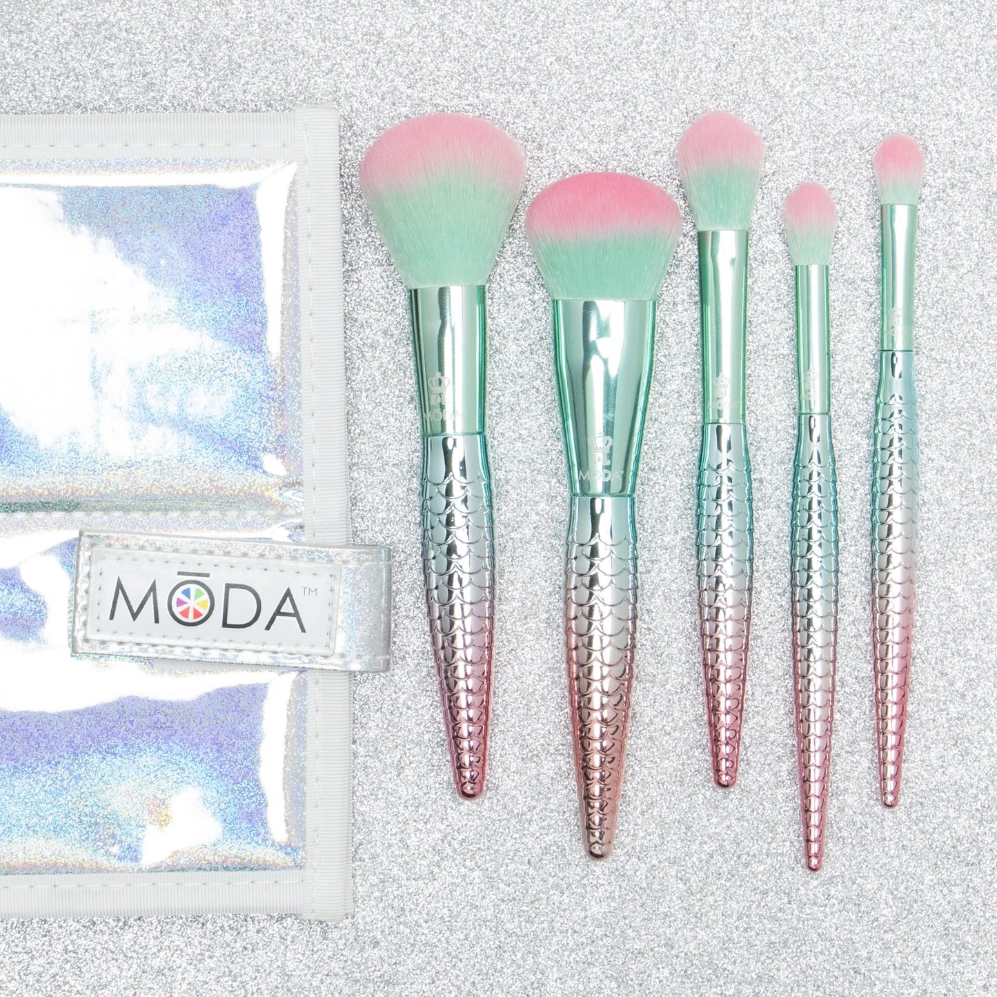 MODA Mythical Splash 6pc Travel-Size Makeup Brush Kit - Vegan Brushes with Holographic Case for Face & Eyes