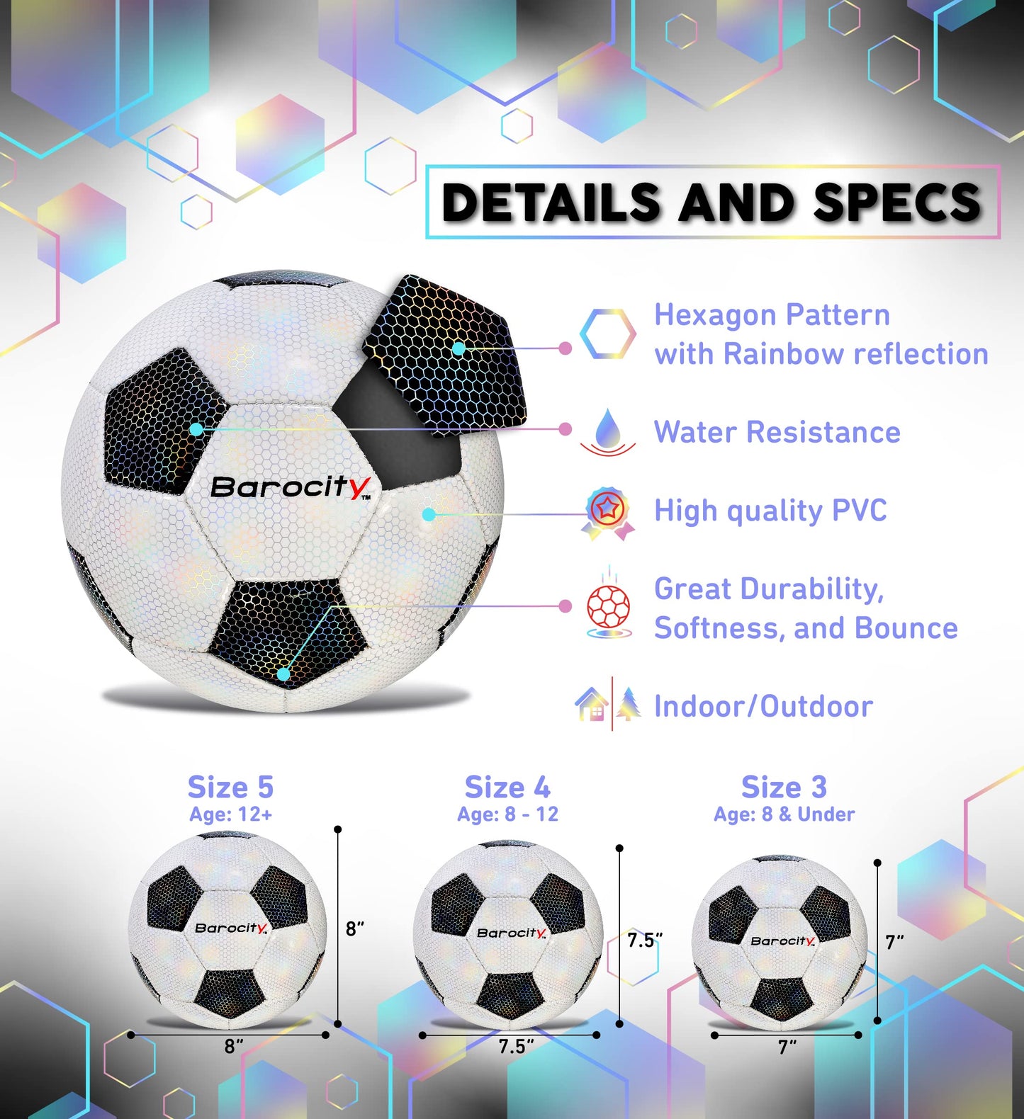 Barocity Classic Black & White Soccer Ball, Size 4, Rainbow Pattern