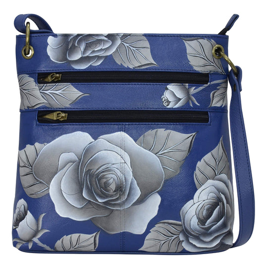 Anna by Anuschka Women's Genuine Leather Medium Crossbody Handbag, Hand Painted Exterior, Romantic Rose Blue Fashion Anna by Anuschka