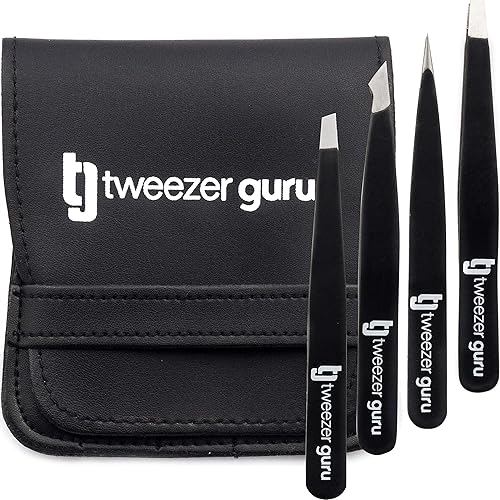 Tweezer Guru Eyebrow Tweezer Set (4-Piece) for Women & Men - Professional Slant and Pointed Tweezers Set with Case - Precision Tweezers Kit for Facial