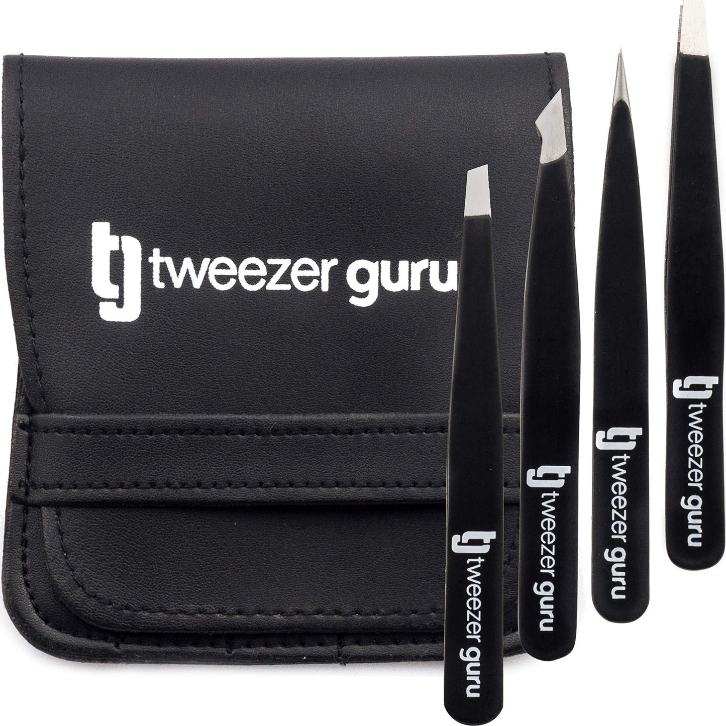 Tweezer Guru Eyebrow Tweezer Set (4-Piece) for Women & Men - Professional Slant and Pointed Tweezers Set with Case - Precision Tweezers Kit for Facial