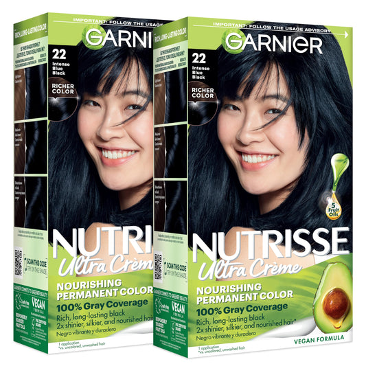 Garnier Nutrisse Ultra Crème Hair Color, Permanent Hair Dye with 100% Gray Coverage, Vegan & Cruelty-Free, 22 Intense Blue Black (Mulberry), 2 Count Beauty & Personal Care Garnier