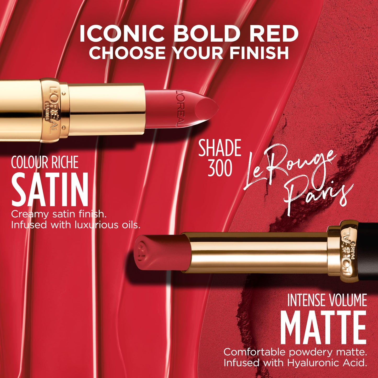 L'Oreal Paris Colour Riche Intense Volume Matte Lipstick, Lip Makeup Infused with Hyaluronic Acid for up to 16HR Wear, Le Rouge Paris, 0.06 Oz