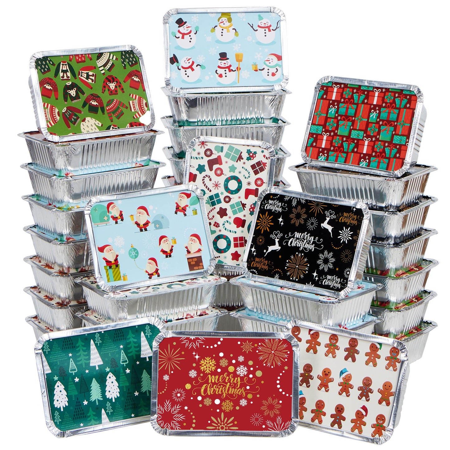 JOYIN 36 Pieces Christmas Foil Containers with Lid, 9 Holiday Designs, 7"x5.5"x2" Christmas Small Gift Bags Santa Sacks, for Holiday Leftovers Goodie…