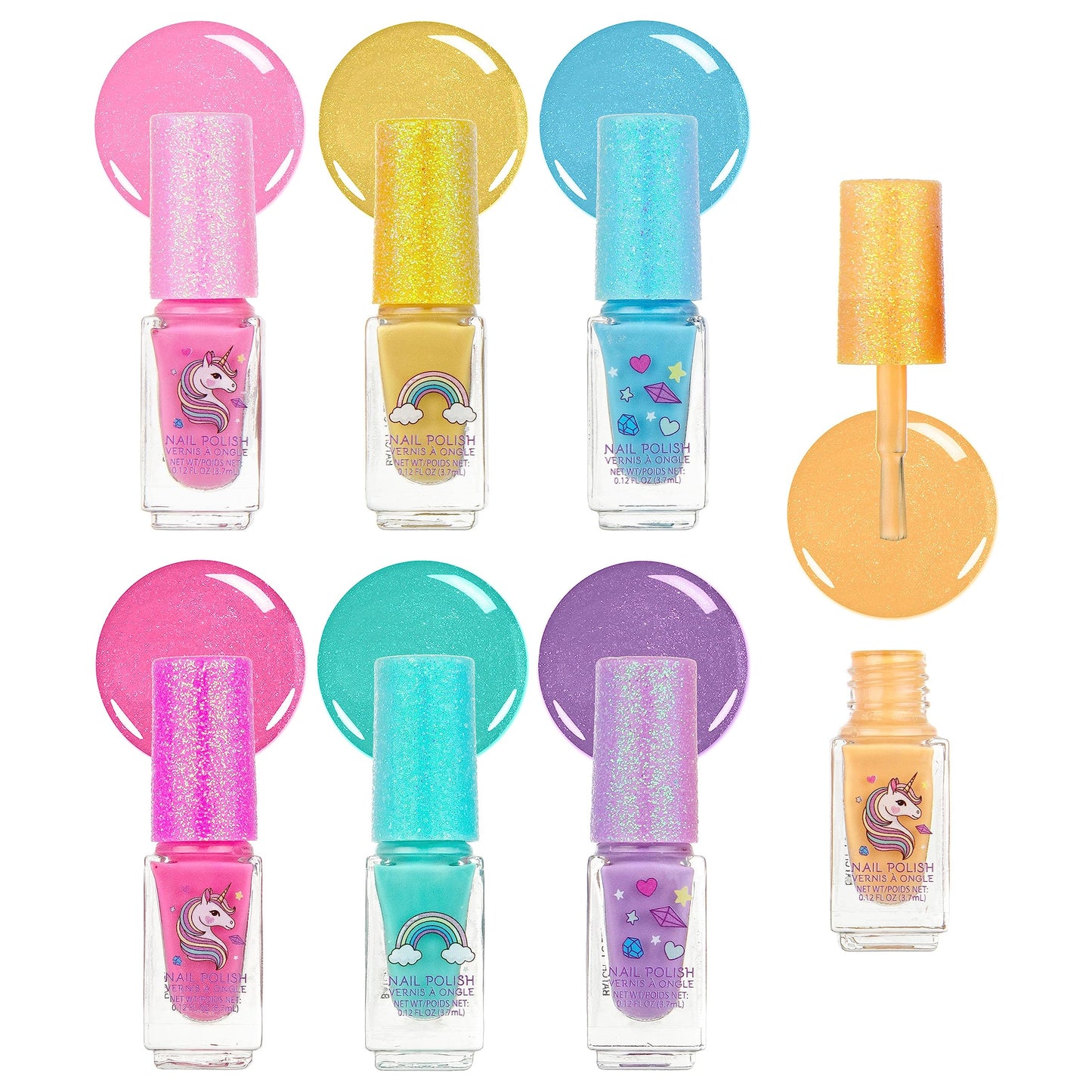 7pc Unicorn Shimmer Nail Polish Set for Girls - Glitter Cap, Non-Toxic Quick Dry Manicure & Pedicure Kit, Vibrant Assorted Shades