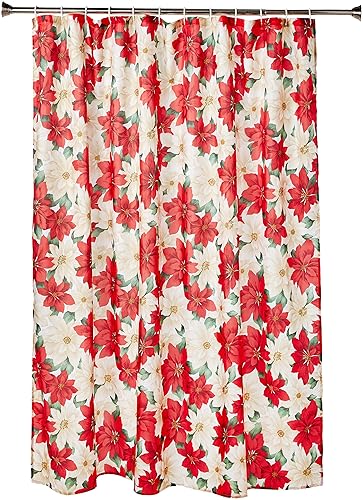 Violet Linen Decorative Christmas Printed Poinsettia Floral Design Shower Curtain - 72" X 72"