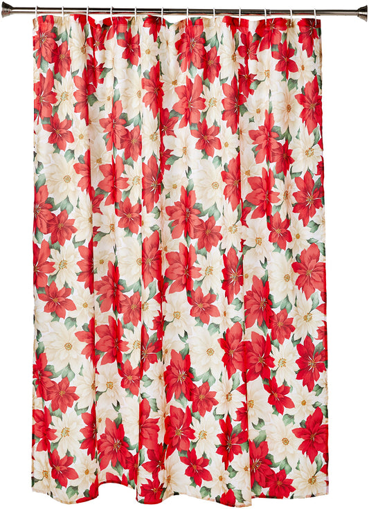 Violet Linen Decorative Christmas Printed Poinsettia Floral Design Shower Curtain - 72" X 72"