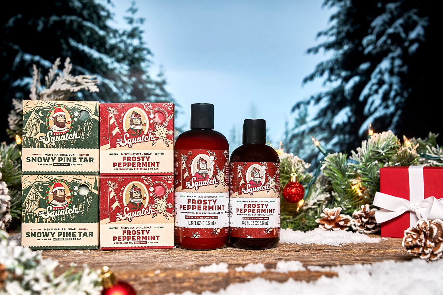 Dr. Squatch Men's Natural Soap and Hair Care - Snowy Pine Tar and Frosty Peppermint Shampoo and Conditioner - Blizzard Expanded Pack - Limited Edition