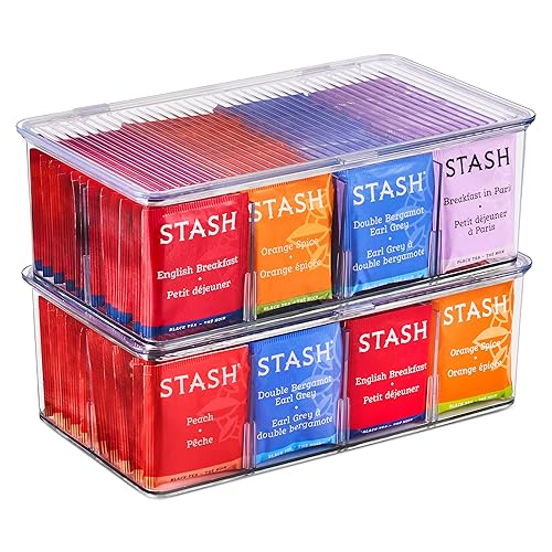 Sorbus 2 Pack Tea Bag Organizer Bins w/Lids & 4 Removable Dividers, Clear Plastic Food Packet Snack Organizer, Stackable Pantry Organization, Kitchen…