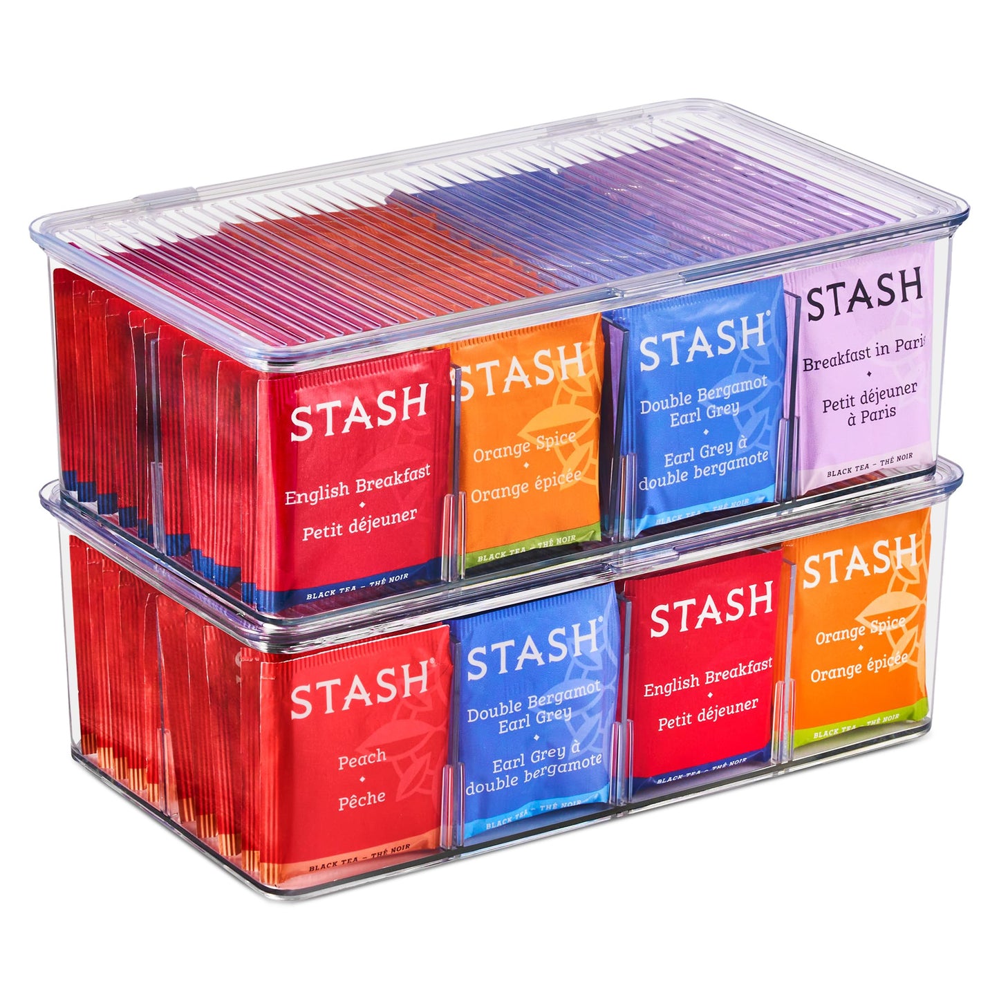 Sorbus 2 Pack Tea Bag Organizer Bins w/Lids & 4 Removable Dividers, Clear Plastic Food Packet Snack Organizer, Stackable Pantry Organization, Kitchen…