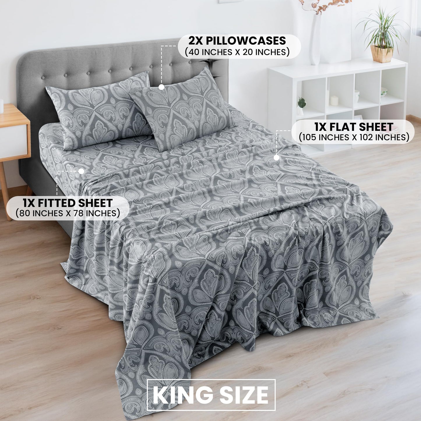 Hannah Linen Paisley King Sheet Set, 4 PC Soft Microfiber Wrinkle Free Sheets - Luxurious Printed Bed Sheets Includes Flat Sheet, Fitted Sheet with