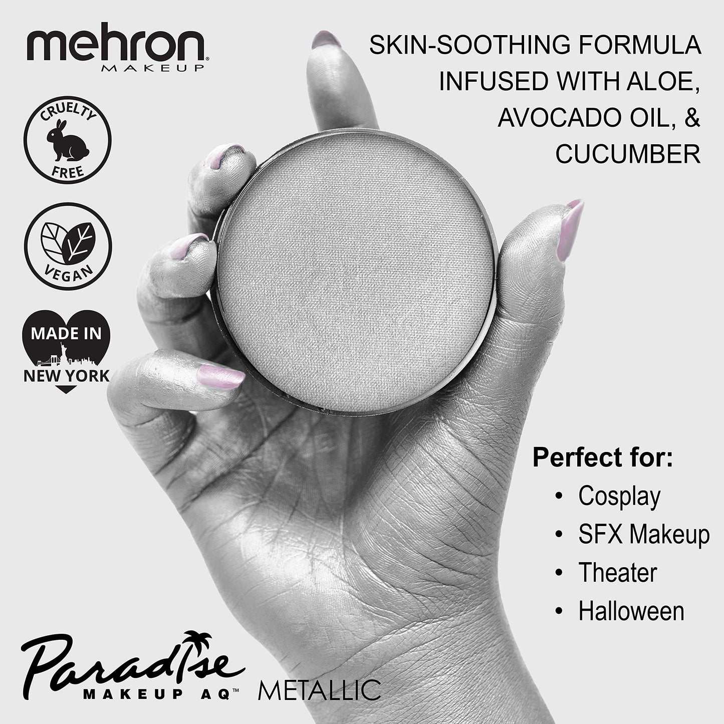 Mehron Paradise FX Metallics - Metallic Silver 1.4 oz | Professional Water Activated Shimmering Metallic Paint for Raves, Costumes, Special Effects