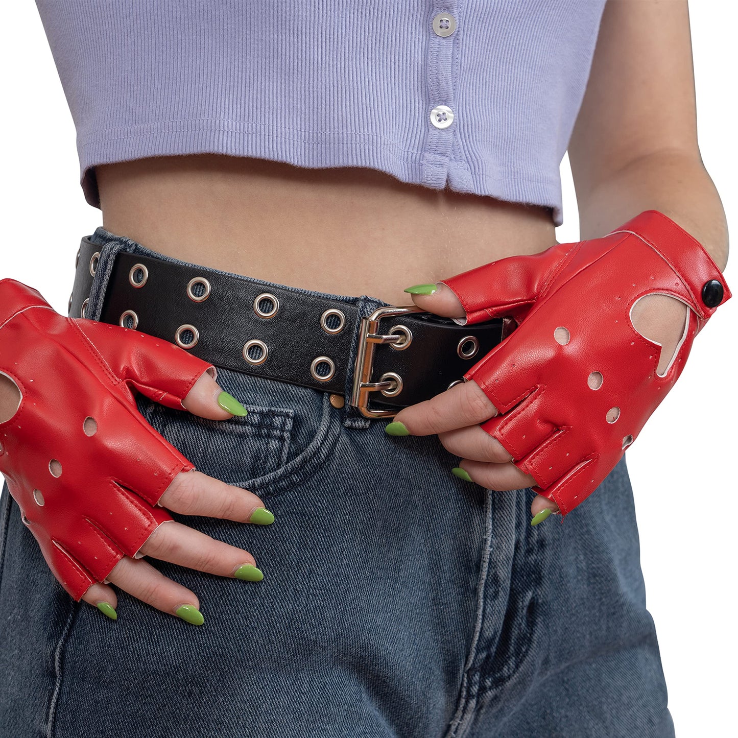 Skeleteen Grommet Faux Leather Belt - Black Faux Leather 2 Prong and Holes Aesthetic Grunge Belts for Men Women and Kids (Black, Extra Large)