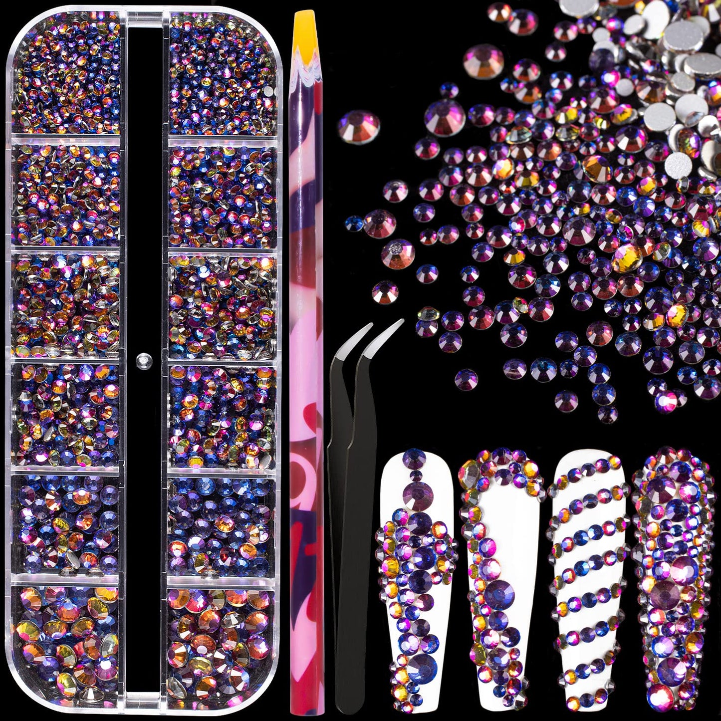 6 Sizes Iridescent Blue Glass Crystal Kit with Pickup Pen + Tweezer Tools for Shine Nail Art Manicure Makeup DIY Decoration Flatback Round Rhinestone
