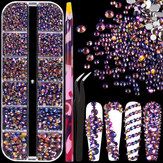 6 Sizes Iridescent Blue Glass Crystal Kit with Pickup Pen + Tweezer Tools for Shine Nail Art Manicure Makeup DIY Decoration Flatback Round Rhinestone