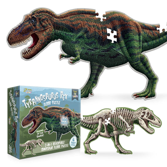 Tyrannosaurus Rex Dinosaur 100-Piece Floor Puzzle – Double Sided with Glow-in-the-Dark Skeleton – 4 FT Educational Dino Toy for Kids