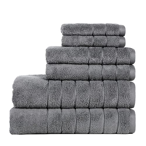 Anne Klein 6-Piece Reverie Towel Set, 2 Bath Towels, 2 Hand Towels, 2 Wash Cloths, 100% Cotton, Grey