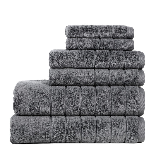 Anne Klein 6-Piece Reverie Towel Set, 2 Bath Towels, 2 Hand Towels, 2 Wash Cloths, 100% Cotton, Grey