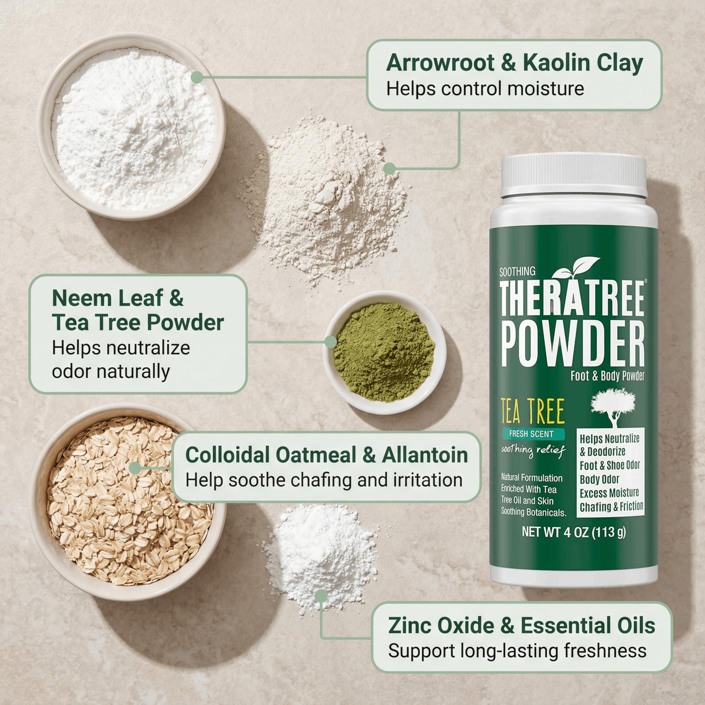 TheraTree Foot, Body and Shoe Powder with Tea Tree for Odor and Moisture Control with Organic and Natural Ingredients - Fresh Scent 4 oz
