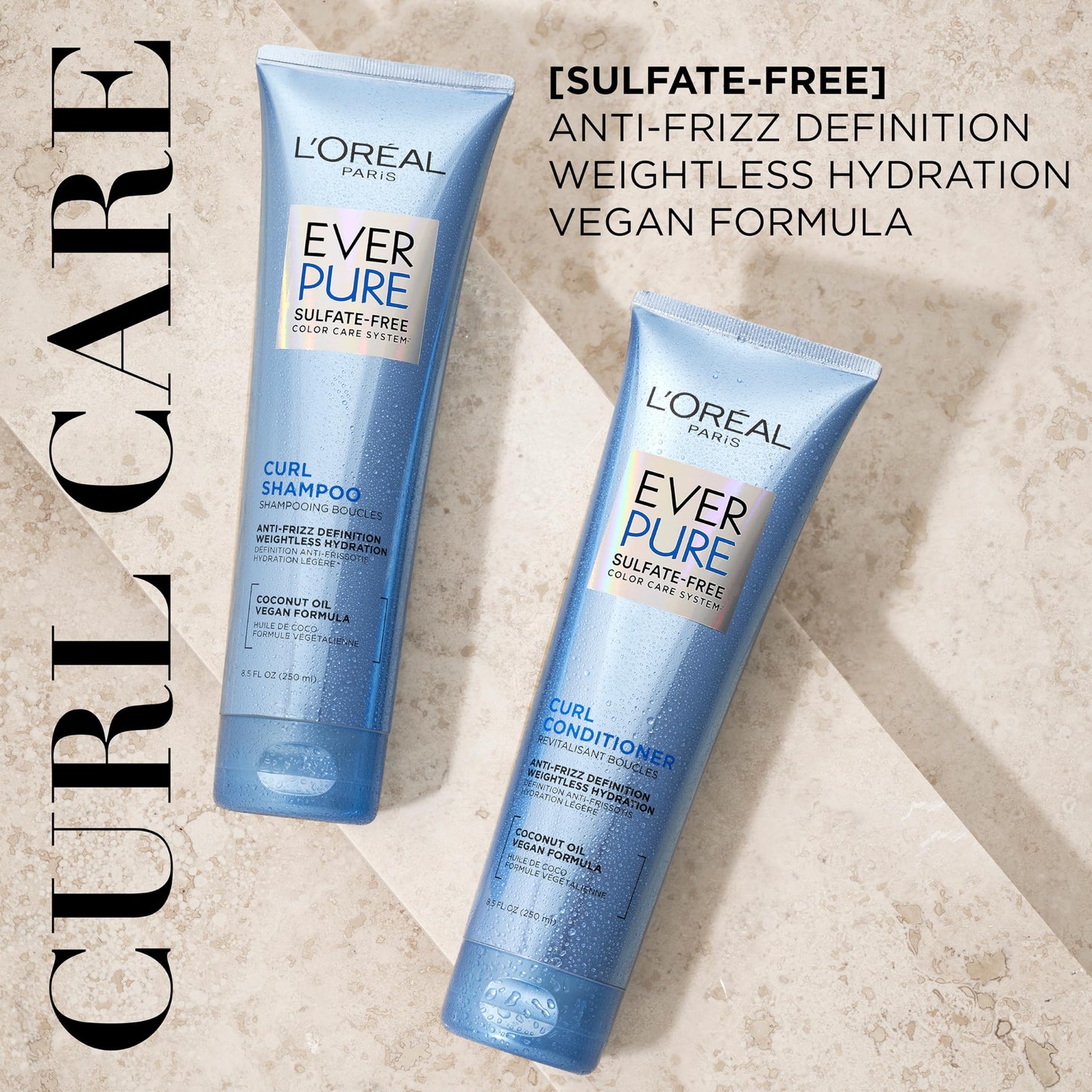 L'Oreal Paris Sulfate Free Shampoo and Conditioner for Curly Hair, Lightweight, Anti-Frizz Hair Care with Coconut Oil, EverPure, 8.5 Fl Oz, Set of 2