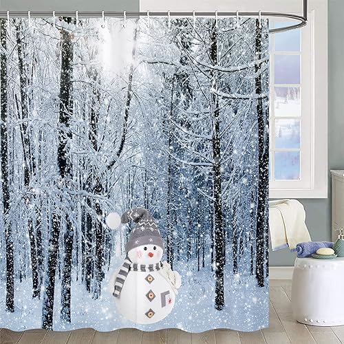 Jbralid Winter Forest Shower Curtain Snow Covered Forest Trees Pathway Nature Scene Shower Curtains for Bathroom Christmas Snowman Waterproof Fabric…