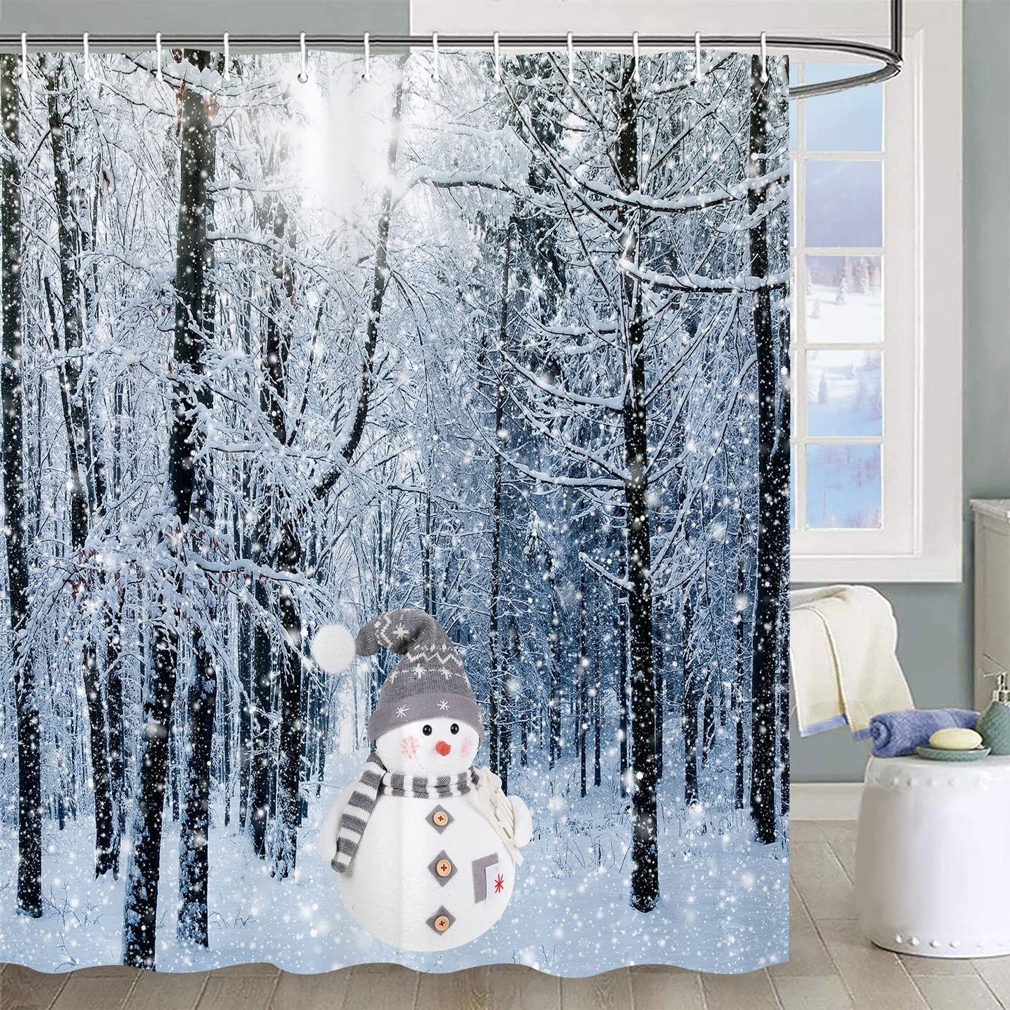 Jbralid Winter Forest Shower Curtain Snow Covered Forest Trees Pathway Nature Scene Shower Curtains for Bathroom Christmas Snowman Waterproof Fabric…