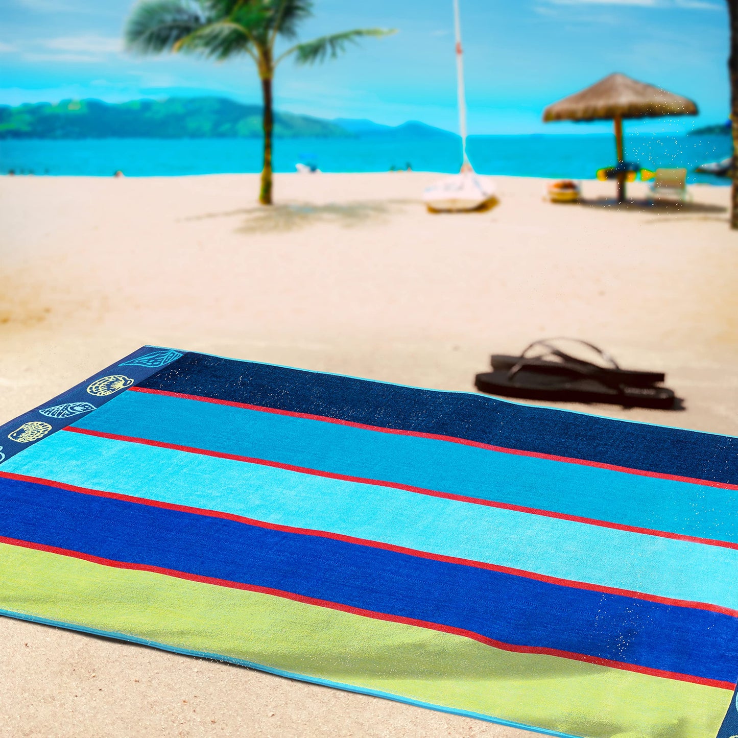 Superior 100% Cotton Luxury Beach Towels - Oversized Beach Towel, Swim Towel, Seashell Stripe (34" x 64")
