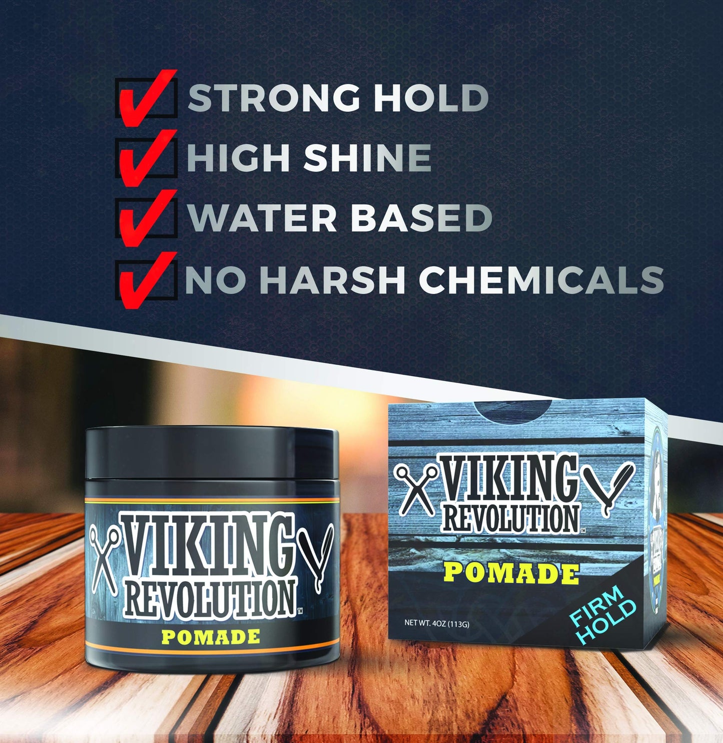 Viking Revolution Pomade for Men 4oz - Firm Strong Hold & High Shine for Classic Styling - Water Based & Easy to Wash Out (2 Pack)