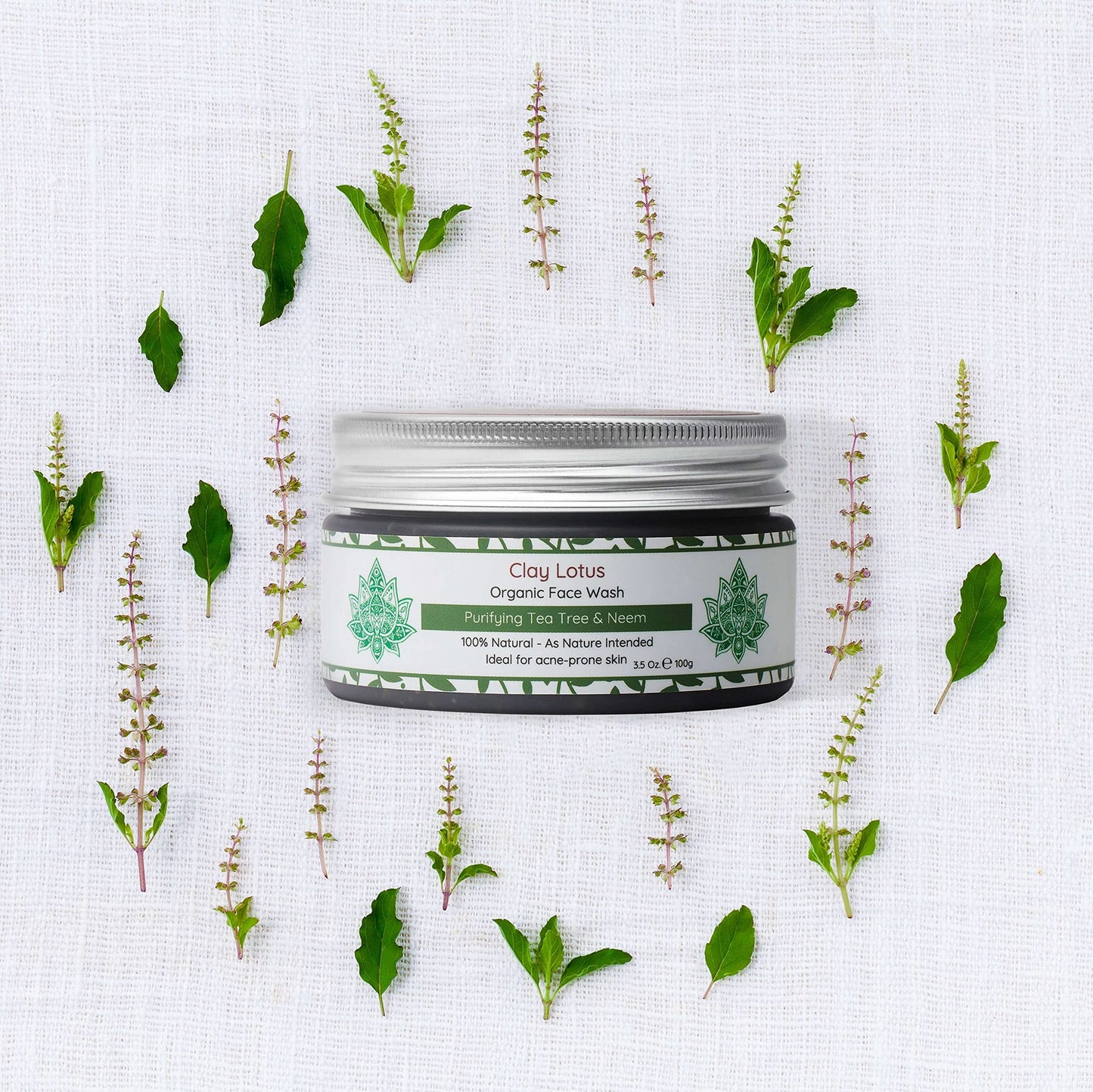 Clay Lotus Organic Face Wash - Acne-Prone, Oily Skin Cleanser with Tea Tree Oil & Neem. All-Natural Ingredients for Blemishes, Redness & Blackheads