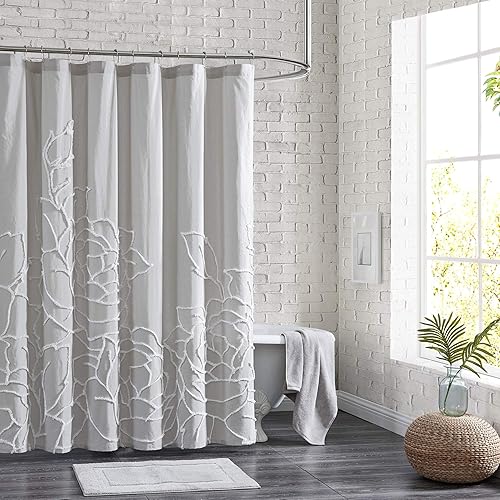 Peri Home 100% Cotton Fabric Shower Curtain for Bathroom, 72 x 72 inches, Grey Chenille Rose