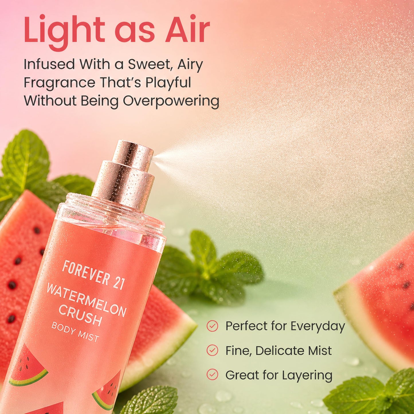 Forever 21 Watermelon Crush Body Spray Mist | Lightweight & Refreshing Everyday Scent | Sweet Body Spray with Fresh Sliced Watermelon Top Notes