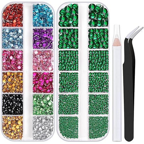 Two Packs of Flatback Rhinestones 4520 Pcs Colorful Nail Art Rhinestones Flatback Crystal Colorful+Dark Green Rhinestone with Picker Pencil