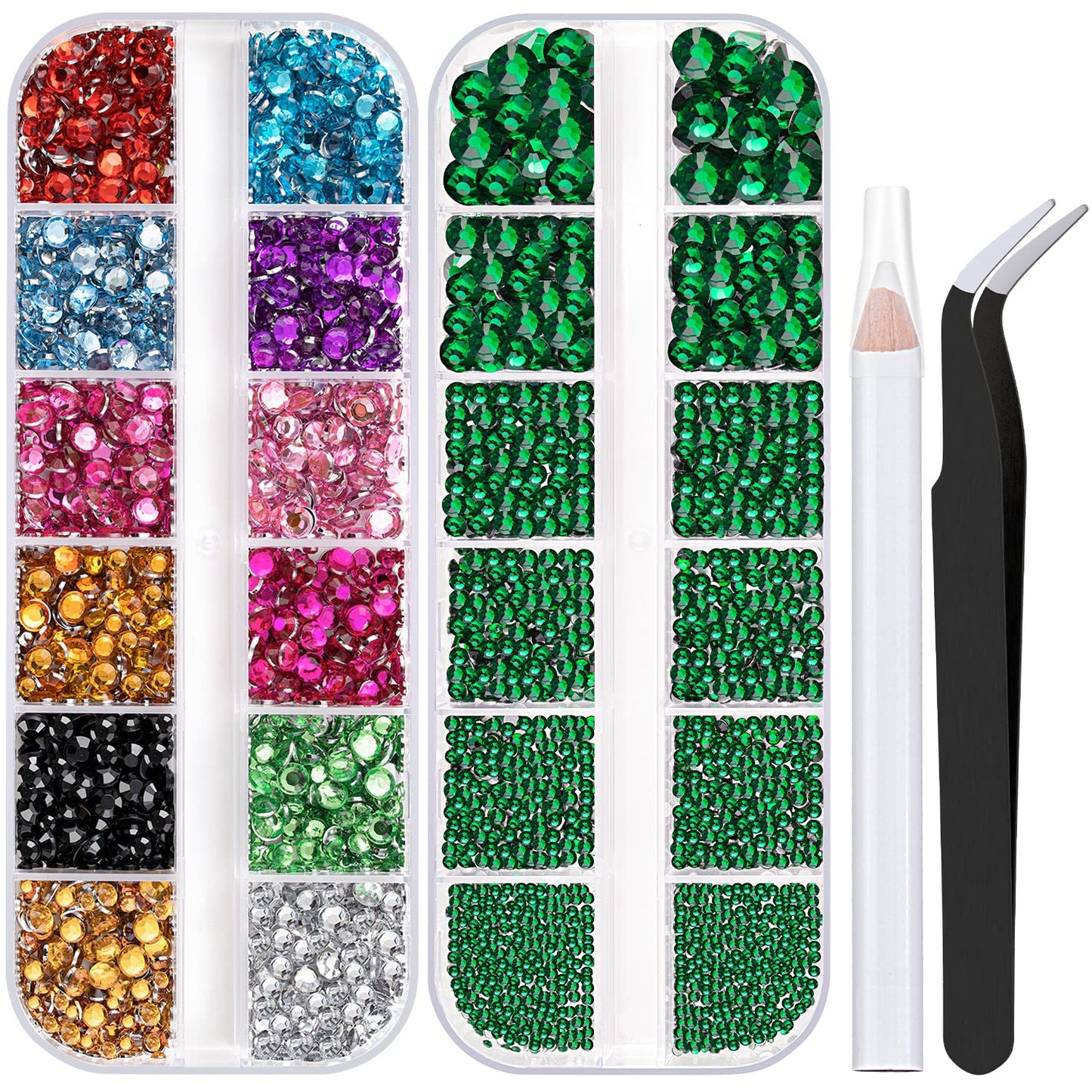 Two Packs of Flatback Rhinestones 4520 Pcs Colorful Nail Art Rhinestones Flatback Crystal Colorful+Dark Green Rhinestone with Picker Pencil