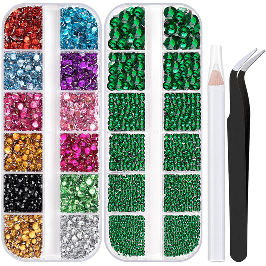 Two Packs of Flatback Rhinestones 4520 Pcs Colorful Nail Art Rhinestones Flatback Crystal Colorful+Dark Green Rhinestone with Picker Pencil