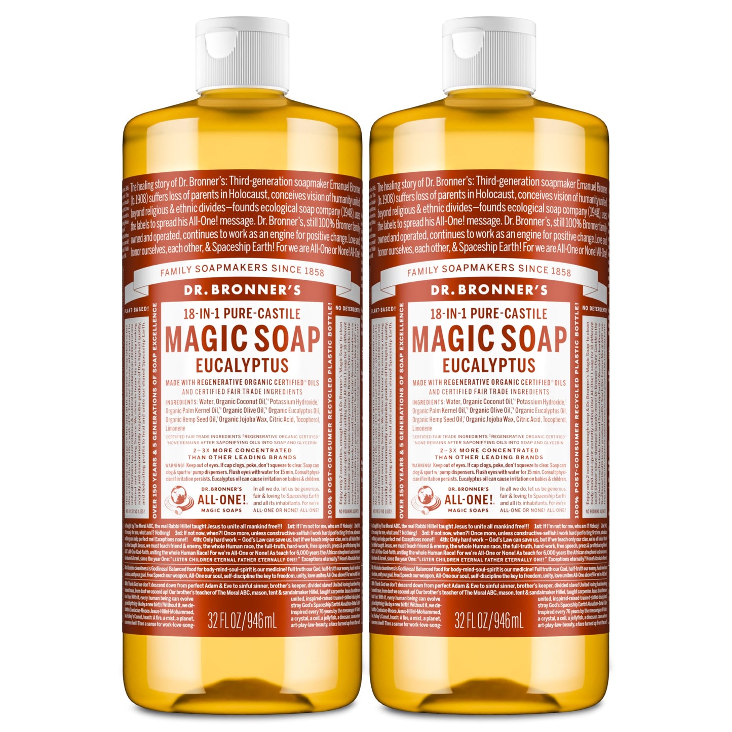 Dr. Bronner's Magic Soap - Pure-Castile Liquid Soap (Eucalyptus, 32 ounce, 2-Pack) -Regenerative Organic Certified Oils, 18-in-1 Uses: Body, Hair