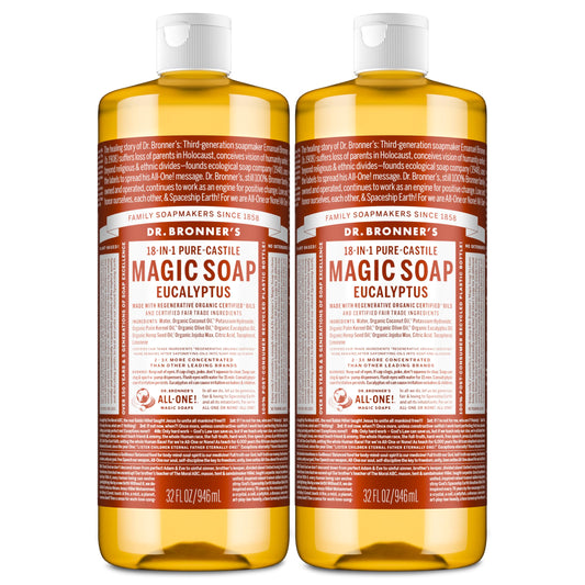 Dr. Bronner's Magic Soap - Pure-Castile Liquid Soap (Eucalyptus, 32 ounce, 2-Pack) -Regenerative Organic Certified Oils, 18-in-1 Uses: Body, Hair