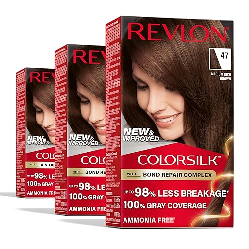 Revlon ColorSilk with Bond Repair Complex, Brown Permanent Hair Color, 100% Gray Coverage, Ammonia Free Hair Dye, Vegan Keratin, 47 Medium Rich Brown
