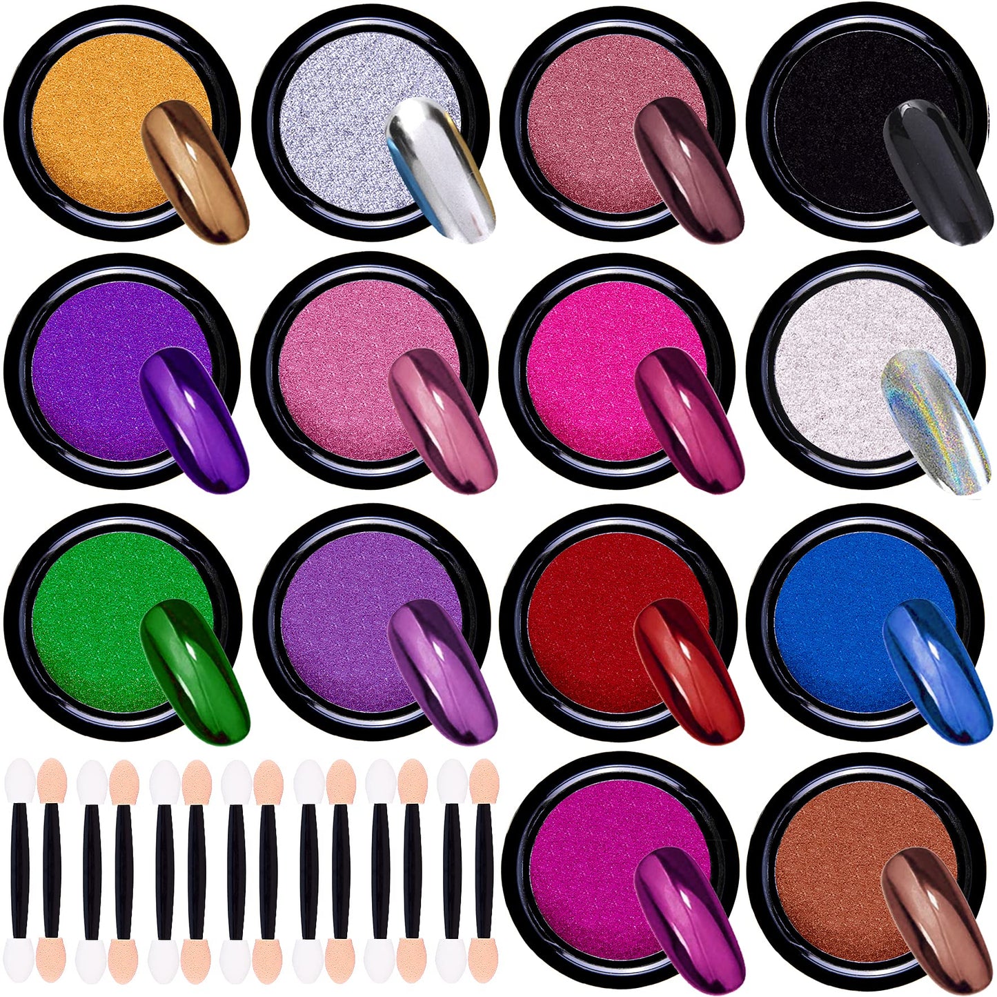 Duufin 14 Jars Chrome Nail Powder Metallic Nail Art Powder Mirror Effect Manicure Chrome Powder 14 Colors Nail Powders with 14 Pcs Eyeshadow Sticks