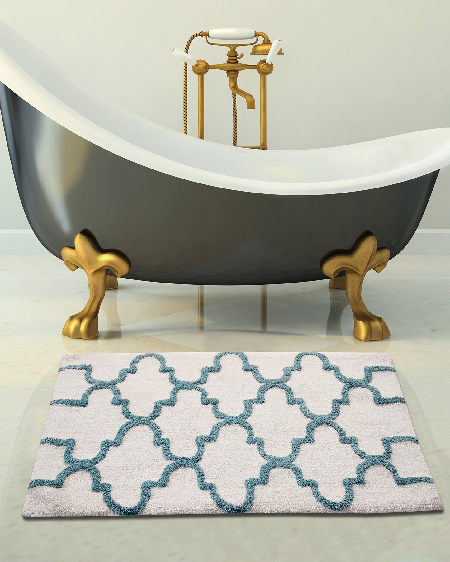 Saffron Fabs Bath Rug 100% Soft Cotton, Size 34x21 Inch, Latex Spray Non-Skid Backing, White/Arctic Blue Color, Geometric Pattern, Hand Tufted, 190…