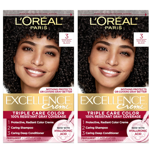 L'Oreal Paris Excellence Crème Permanent Hair Dye, Triple Care Hair Color with Hyaluronic Acid for 100% Gray Coverage, 3 Natural Black, 1 Kit (Pack