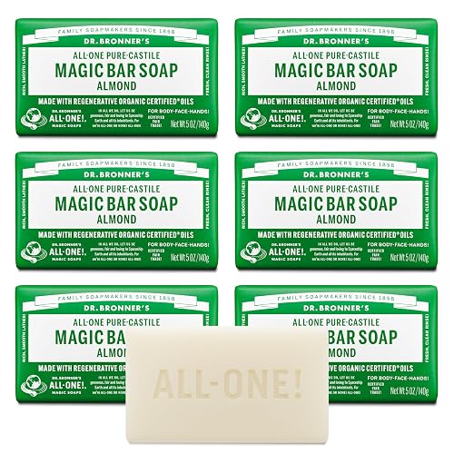Dr. Bronner's - Pure-Castile Magic Bar Soap (Almond, 5 oz, 6-Pack) - Made with Regenerative Organic Certified Oils- For Face, Body & Hair, Gentle
