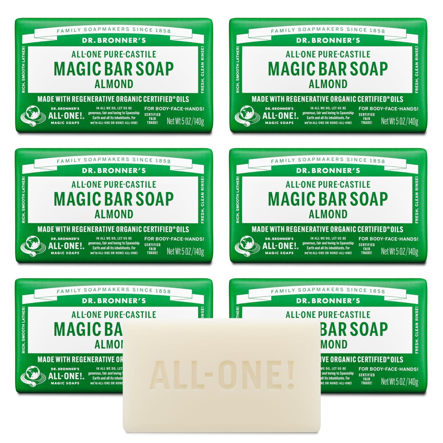 Dr. Bronner's - Pure-Castile Magic Bar Soap (Almond, 5 oz, 6-Pack) - Made with Regenerative Organic Certified Oils- For Face, Body & Hair, Gentle