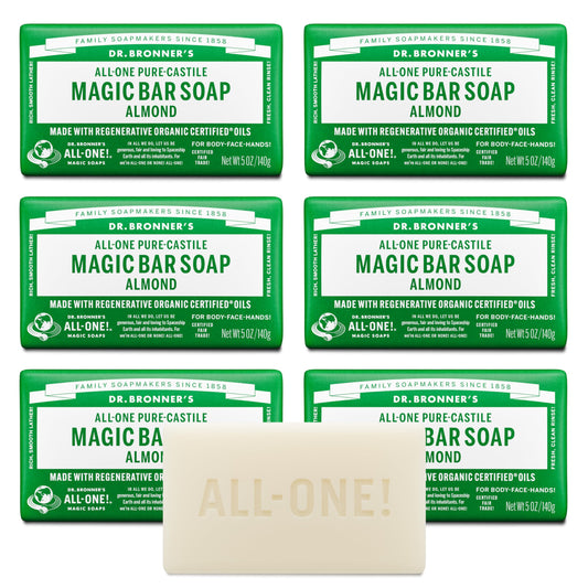Dr. Bronner's - Pure-Castile Magic Bar Soap (Almond, 5 oz, 6-Pack) - Made with Regenerative Organic Certified Oils- For Face, Body & Hair, Gentle Beauty & Personal Care Dr. Bronner's