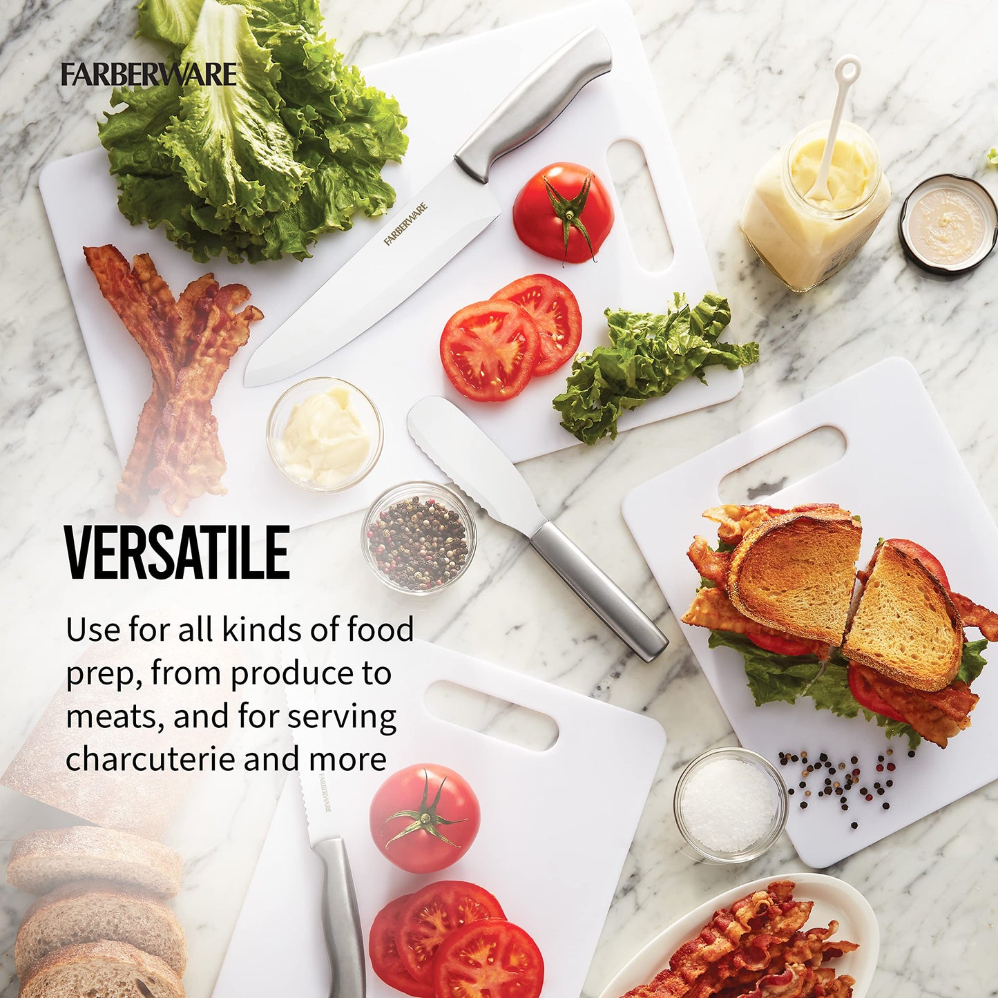 Farberware Plastic Cutting Board Set, Dishwasher- Safe Poly Chopping Board for Kitchen with Easy Grip Handles, Set of 3, White