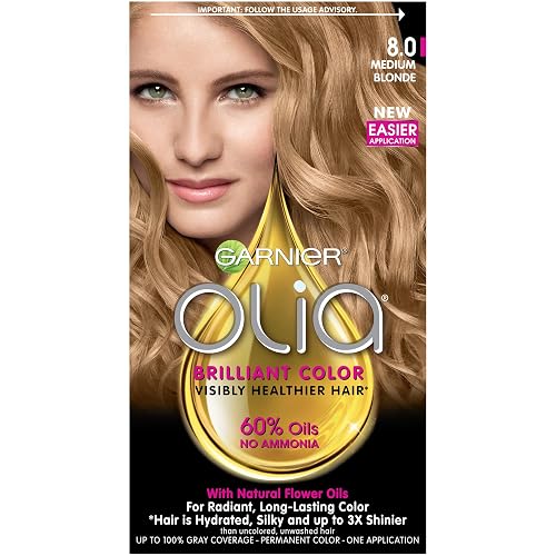 Garnier Olia Ammonia-Free Brilliant Color Oil-Rich Permanent Hair Color, 8.0 Medium Blonde (1 Kit) Blonde Hair Dye (Packaging May Vary)