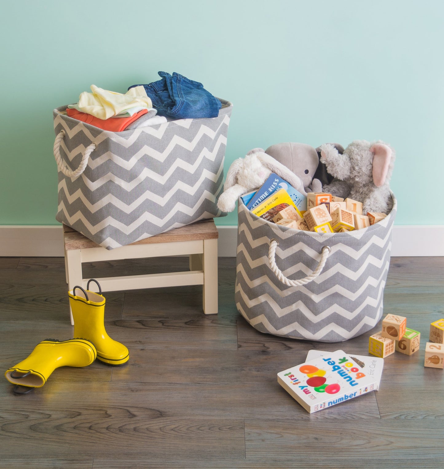 DII Polyester Container with Handles, Chevron Storage Bin, Medium, Gray