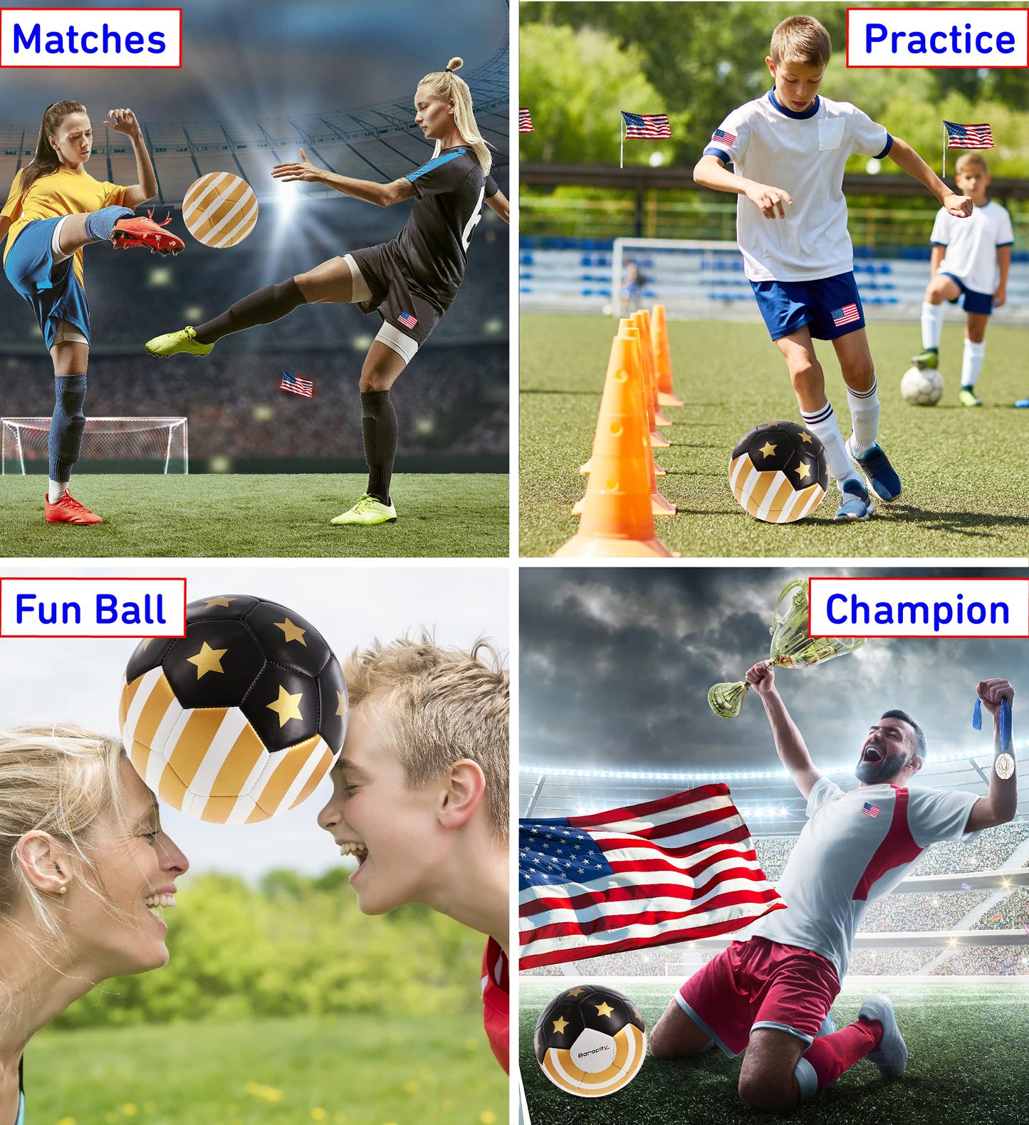 Barocity Gold USA Flag Soccer Ball - Premium Official Match Ball with Cool Stripes and Stars Pattern, Durable Adult and Kids Soccer Ball for Indoor…